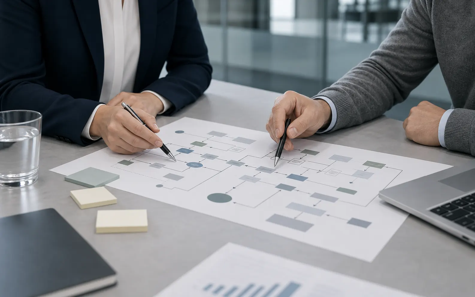 Consultants analysieren einen Prozess auf einem Tisch mit Prozessdiagramm